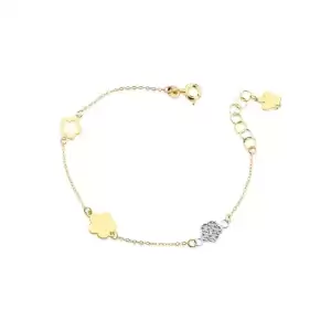 Bracciale con angelo charm in oro giallo e fiori in oro giallo e bianco con zirconi bianchi.